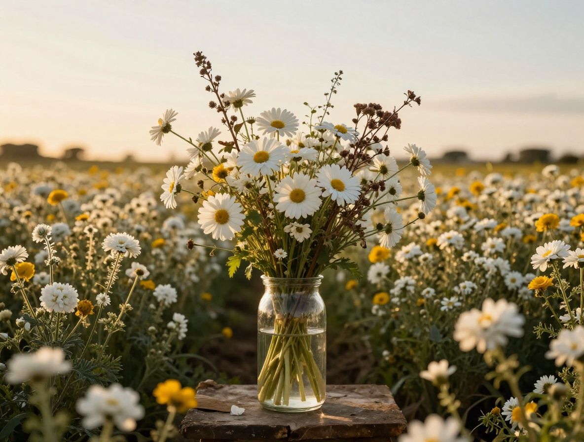 Campo de flores de manzanilla blancas y amarillas bajo luz de tarde dorada, con algunas flores recogidas en un recipiente de vidrio transparente junto a ramas secas de hierbas