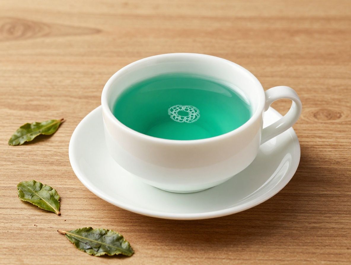 Taza de porcelana blanca con té verde japonés recién infusionado de color verde esmeralda, rodeada de hojas de té sueltas sobre superficie de madera clara