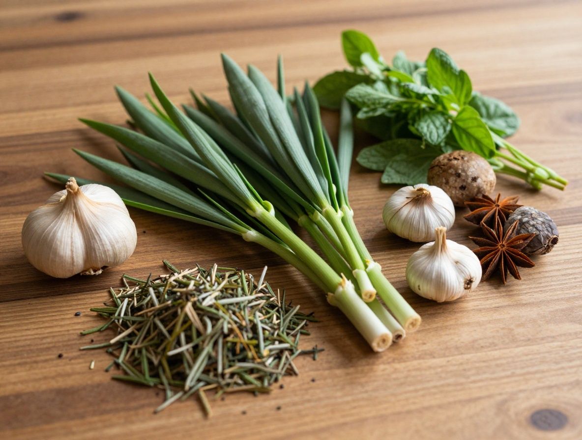 Colección de ingredientes naturales frescos sobre una mesa de madera: hierbas aromáticas verdes, raíces, especias doradas y frutos silvestres, dispuestos con elegancia en luz natural cálida
