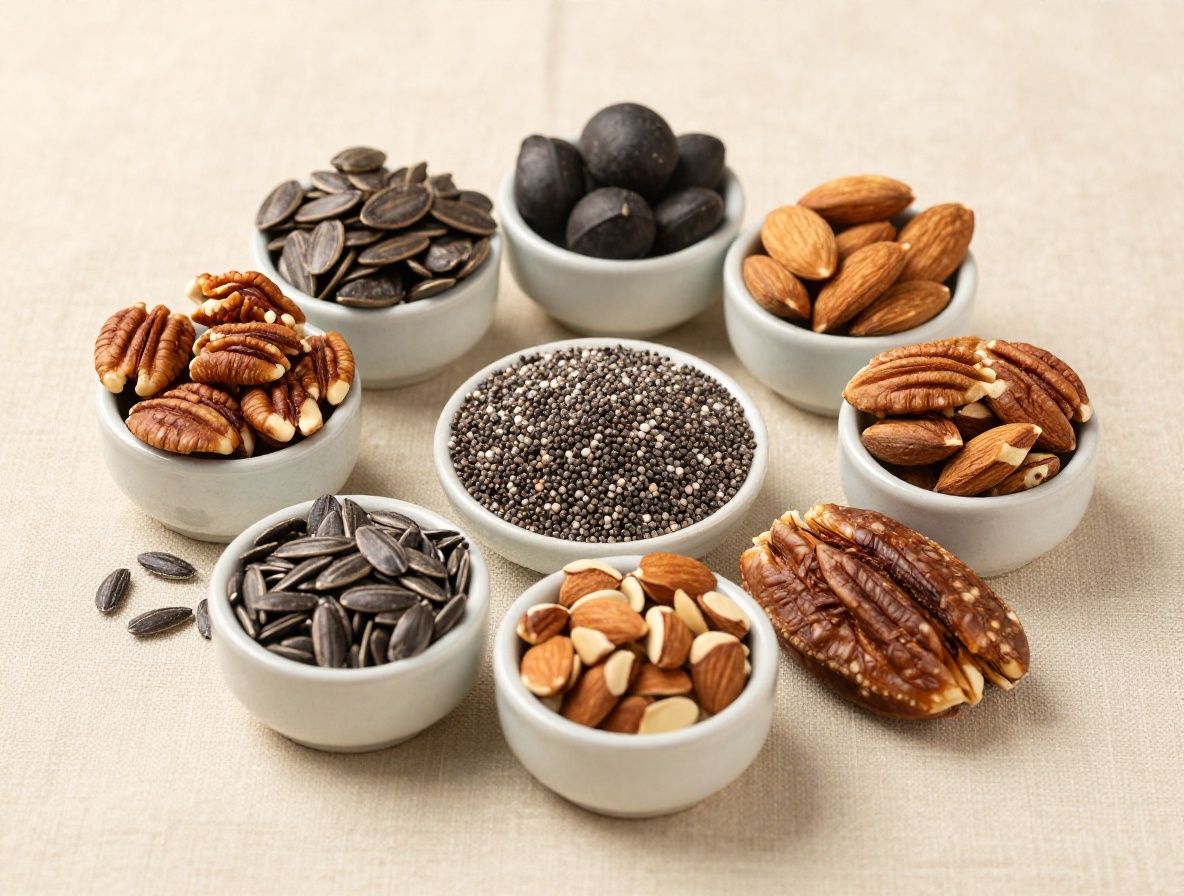 Variedad de semillas y frutos secos crudos —linaza marrón, semillas de chía negras, nueces y almendras— dispuestos en pequeños cuencos de cerámica sobre superficie de lino natural