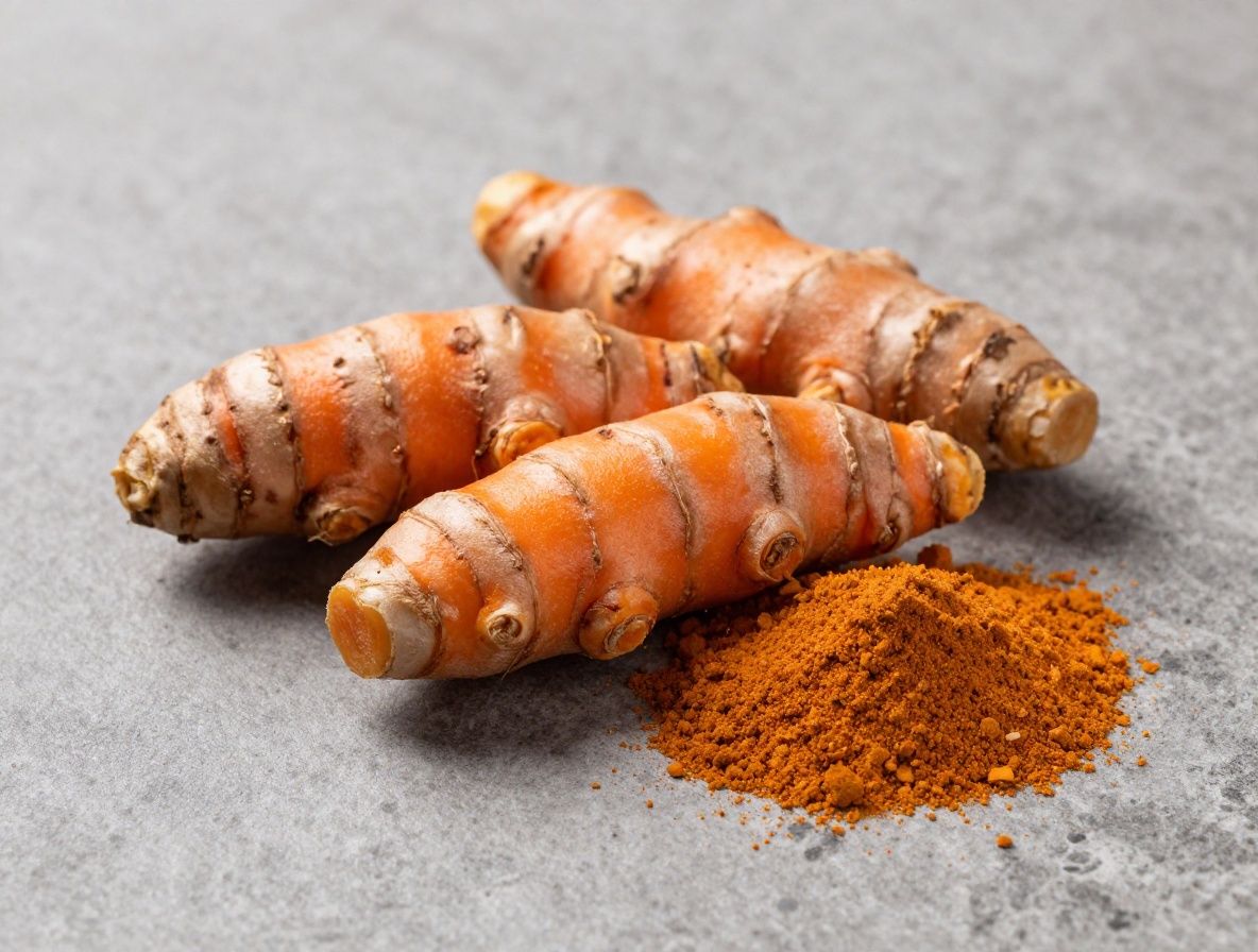 Raíces frescas de cúrcuma naranja intenso junto a polvo de cúrcuma esparcido sobre una superficie de piedra gris, con luz lateral suave que realza la textura
