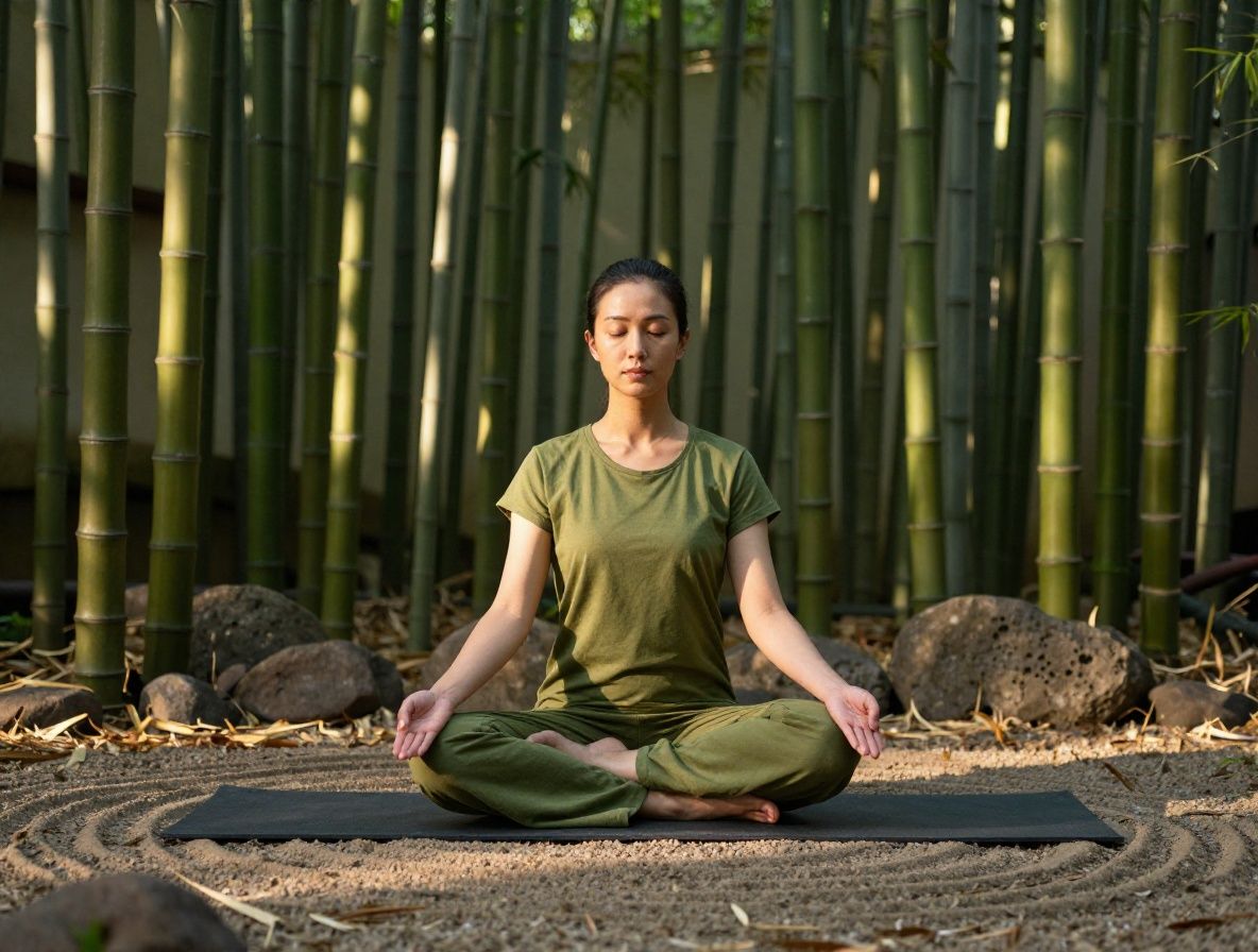 Persona sentada en postura de meditación en un jardín zen con piedras, arena rastrillada, bambú verde y luz de tarde serena que proyecta sombras suaves y largas