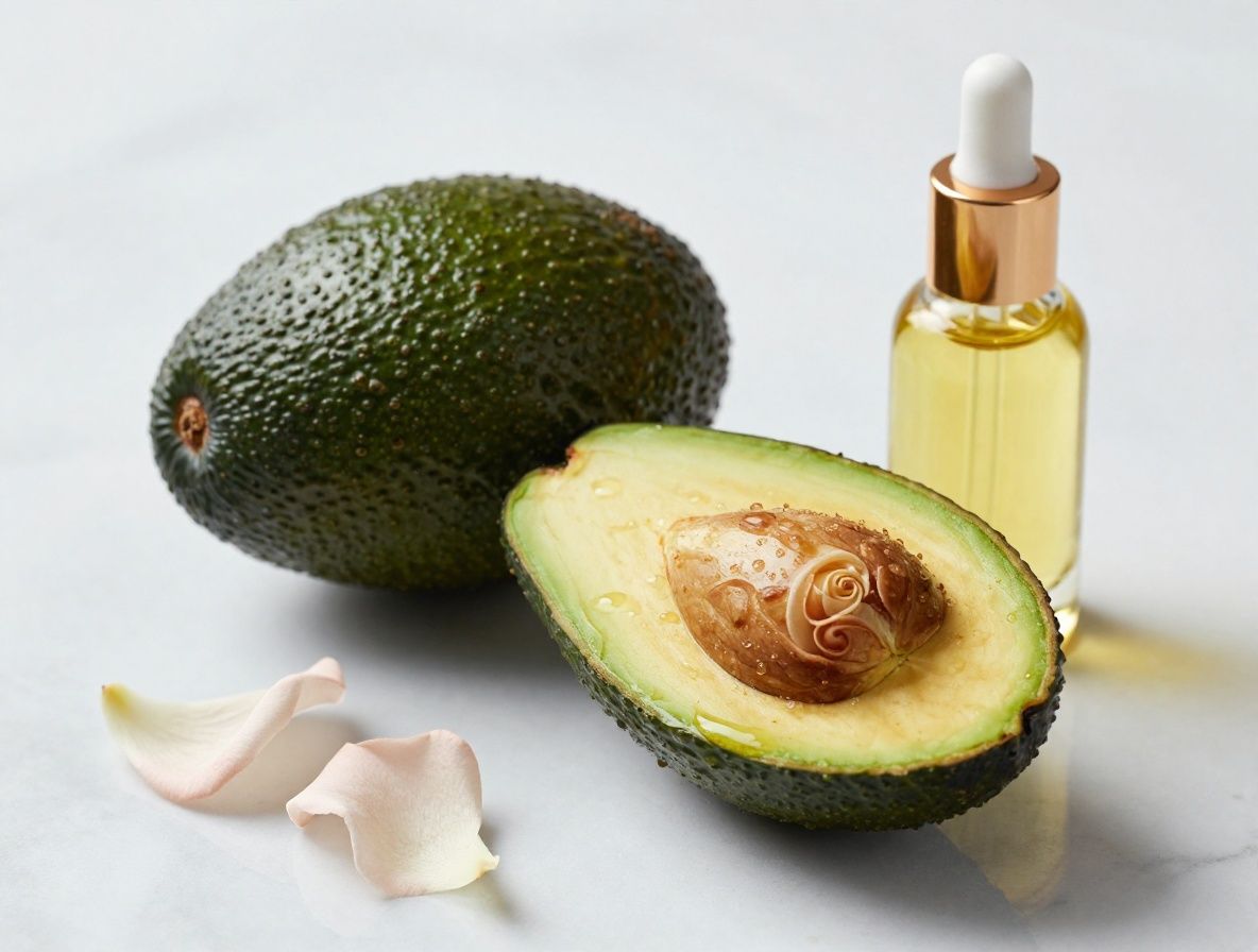 Ingredientes naturales para el cuidado de la piel: aguacate partido por la mitad, rosa de mosqueta fresca, gotitas de aceite de argán dorado y pétalos de camomila sobre superficie de mármol blanco con luz suave